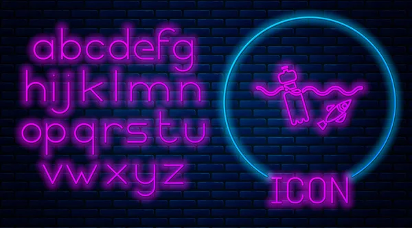 Ragyogó Neon Probléma Szennyezés Óceán Ikon Elszigetelt Téglafal Háttér Szemetet — Stock Vector