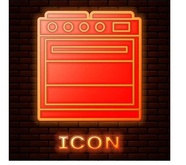 Glowing Neon Oven Icon Isolated Brick Wall Background Stove Gas — Stock Vector
