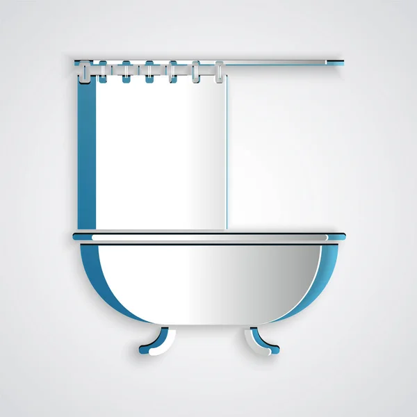 Paper Cut Bathtub Open Shower Curtain Icon Isolated Grey Background — Stock Vector