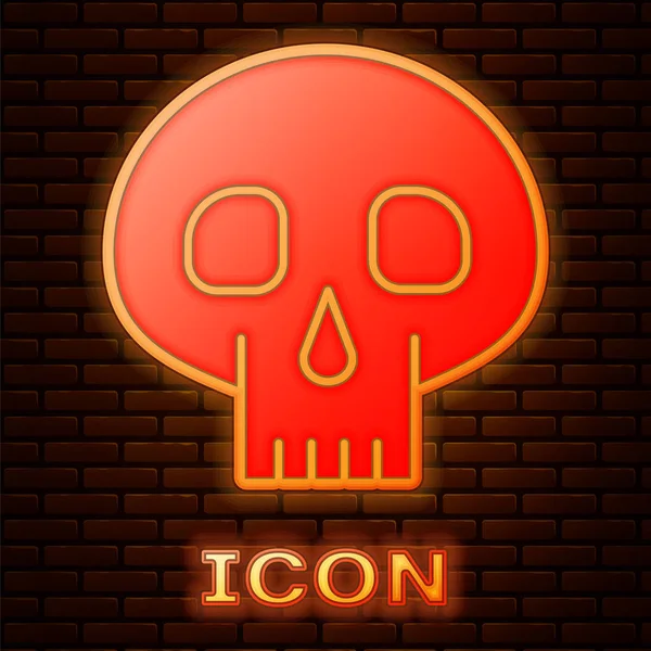Glowing neon Skull icon isolated on brick wall background.  Vector Illustration