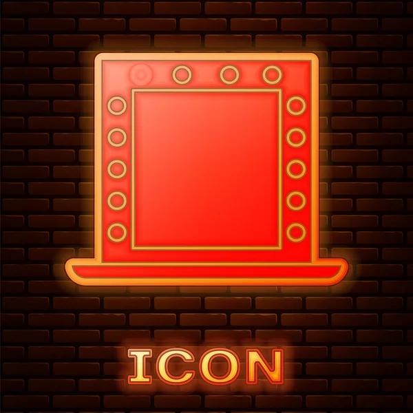 Glowing Neon Makeup Mirror Lights Icon Isolated Brick Wall Background — Stock Vector