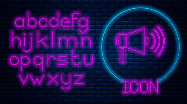 Glowing Neon Megaphone Icon Isolated Brick Wall Background Loud Speach — 스톡 벡터