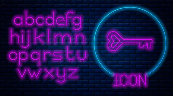 Glowing Neon Key Heart Shape Ikon Isolated Brick Wall Background - Stok Vektor