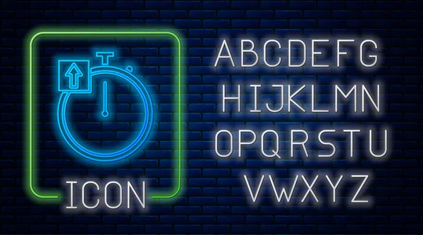 Сяюча Неонова Піктограма Секундоміра Ізольована Фоні Цегляної Стіни Часовий Знак — стоковий вектор