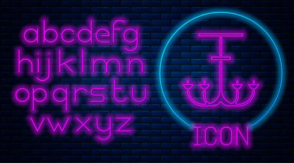 Glowing Neon Chandelier Icon Isolated Brick Wall Background Neon Light — 스톡 벡터