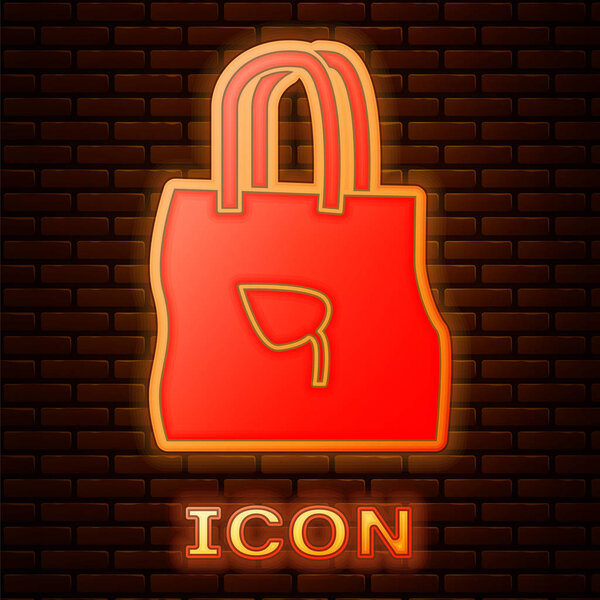 Glowing neon Paper shopping bag with recycle icon isolated on brick wall background. Bag with recycling symbol.  Vector Illustration