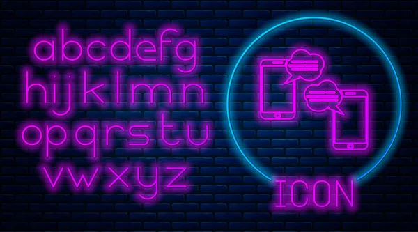 Ragyogó Neon Chat Üzenetek Értesítést Telefon Ikon Elszigetelt Téglafal Háttér — Stock Vector