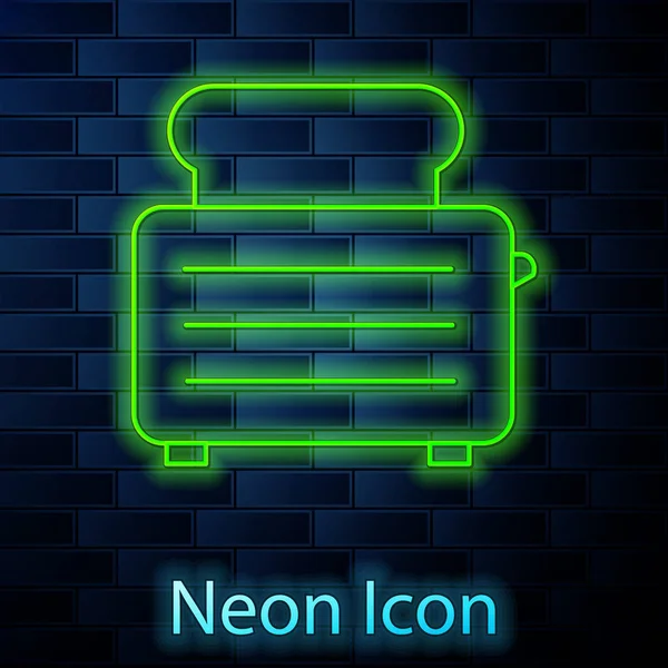 Leuchtender Neon Line Toaster Mit Toastsymbol Isoliert Auf Backsteinwand Hintergrund — Stockvektor