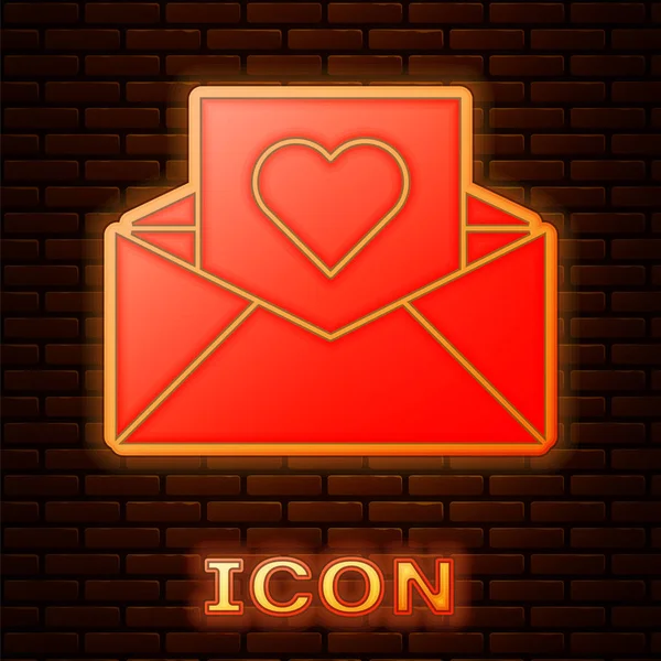 Glowing Neon Envelope Valentine Heart Icon Isolated Brick Wall Background — Stock Vector