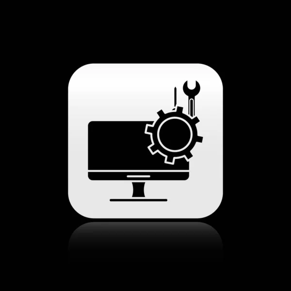 Monitor Computer Nero Con Cacciavite Chiave Inglese Isolato Sfondo Nero — Vettoriale Stock