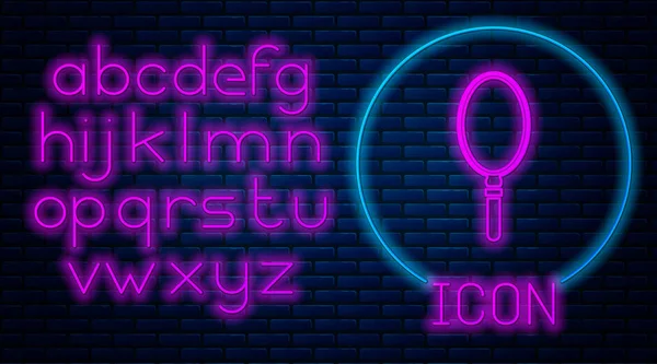 Leuchtende Neon Handspiegel Symbol Isoliert Auf Backsteinwand Hintergrund Neonlicht Alphabet — Stockvektor