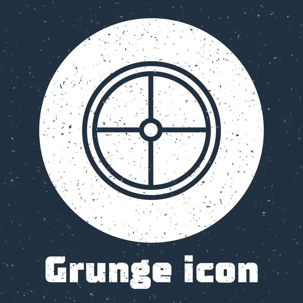 Línea Grunge Icono Escudo Madera Redonda Aislado Sobre Fondo Gris — Vector de stock