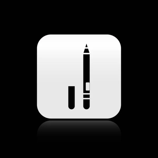 黒のアイライナー 黒の背景に隔離された眉のアイコン 目のペンシル銀四角形のボタン ベクターイラスト — ストックベクタ