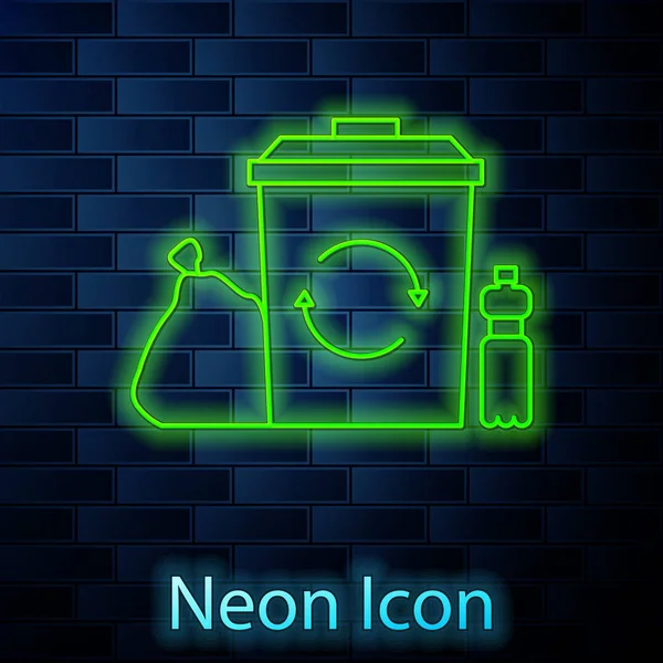 Glödande Neon Linje Återvinn Bin Med Ikonen Återvinningssymbol Isolerad Tegel — Stock vektor