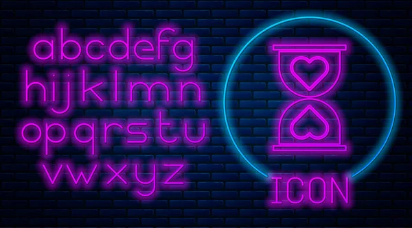 Ragyogó Neon Szív Közepén Régi Homokóra Ikon Elszigetelt Téglafal Háttér — Stock Vector