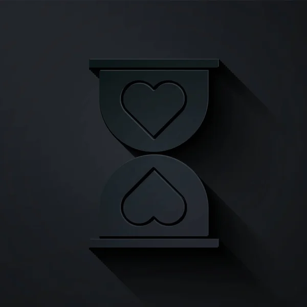 Paper Cut Heart Center Old Hourglass Icon Isolated Black Background — 스톡 벡터