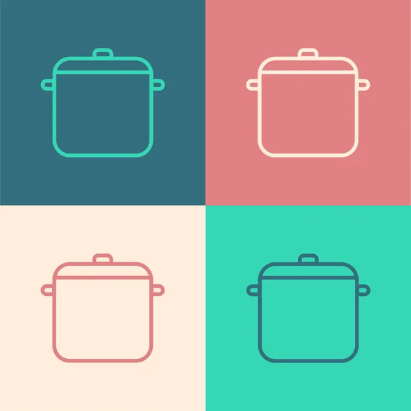 彩线烹饪壶图标孤立在色彩背景上 蒸煮或炖煮食品的象征 病媒图解 — 图库矢量图片