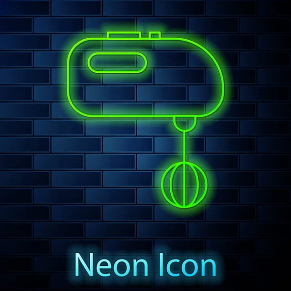 Gloeiende Neon Lijn Elektrische Mixer Pictogram Geïsoleerd Baksteen Muur Achtergrond — Stockvector