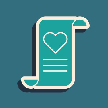 Mavi arka planda Sevgililer Günü kalp ikonu olan yeşil zarf. Mesaj aşkım. Aşk ve romantizm mektubu. Uzun gölge tarzı. Vektör İllüstrasyonu