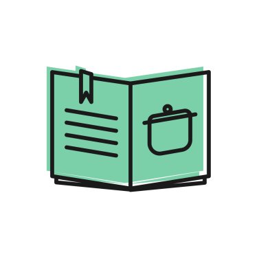 Siyah çizgi yemek kitabı simgesi beyaz arkaplanda izole edildi. Yemek kitabı ikonu. Yemek tarifi kitabı. Çatal ve bıçak ikonları. Çatal bıçak sembolü. Vektör İllüstrasyonu