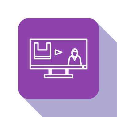 Beyaz çizgi Plastik Kirliliği Durdur simgesi beyaz arkaplanda izole edildi. Ekolojik poster. Mor kare düğme. Vektör İllüstrasyonu