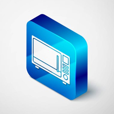 İzometrik Mikrodalga fırın simgesi beyaz arka plan üzerinde izole. Ev aletleri simgesi. Mavi kare düğmesi. Vektör İllüstrasyonu