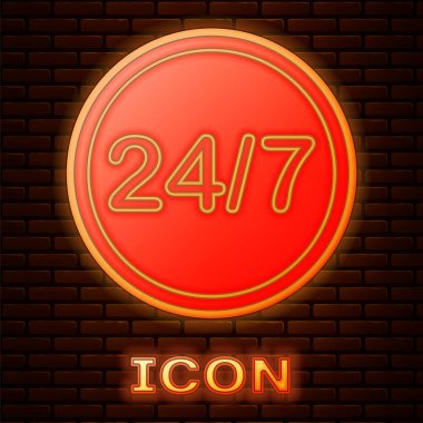 Parlayan neon saat. Duvarın arkasında 24 saat izole edilmiş bir ikon. Tüm gün döngü simgesi. 24 saat hizmet sembolü. Vektör İllüstrasyonu