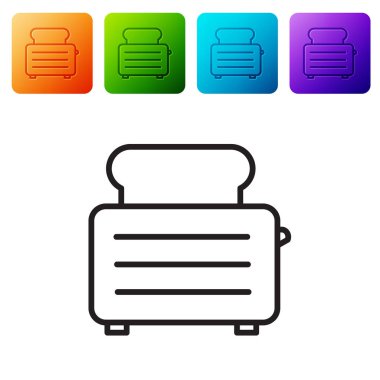 Siyah çizgili tost makinesi beyaz arkaplanda izole edilmiş tost simgesi. Renkli kare düğmelerle simgeleri ayarla. Vektör İllüstrasyonu