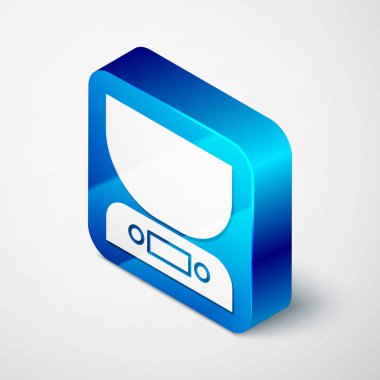 Beyaz arkaplanda izole edilmiş Isometric Elektronik ölçekler simgesi. Ağırlık ölçüm aletleri. Mavi kare düğme. Vektör İllüstrasyonu