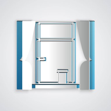 Kağıt, gri arkaplanda izole edilmiş oda simgesiyle pencereyi keser. Kağıt sanatı tarzı. Vektör İllüstrasyonu