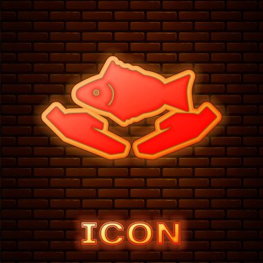 Parlayan neon balık bakım ikonu tuğla duvar arkasında izole edilmiş. Vektör İllüstrasyonu