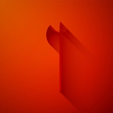 Kağıt kesiği Ortaçağ Halberd simgesi kırmızı arkaplanda izole edildi. Ortaçağ silahı. Kağıt sanatı tarzı. Vektör İllüstrasyonu