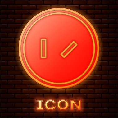 Glowing neon Round wooden shield icon isolated on brick wall background. Security, safety, protection, privacy, guard concept.  Vector Illustration