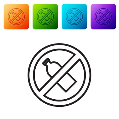 Siyah çizgi. Beyaz arka planda plastik şişe simgesi yok. Renkli kare düğmelerle simgeleri ayarla. Vektör İllüstrasyonu