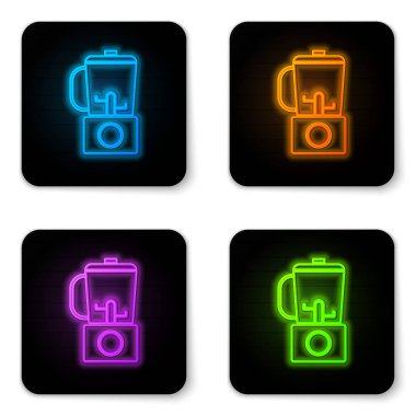 Beyaz arka planda yalıtılmış parlayan neon Blender simgesi. Kase ile Mutfak elektrik sabit karıştırıcı. Pişirme smoothies, kokteyl veya meyve suyu. Siyah kare düğme. Vektör İllüstrasyonu