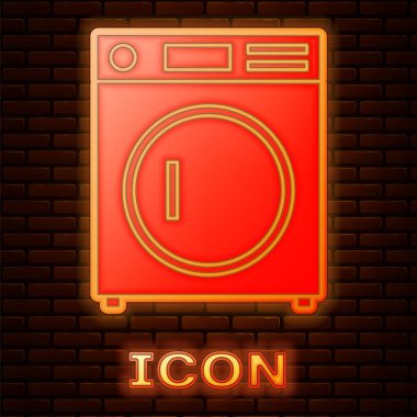Parlayan neon yıkama ikonu tuğla duvar arkasında izole edilmiş. Çamaşır makinesi simgesi. Çamaşır makinesi, çamaşır makinesi. Ev aletleri sembolü. Vektör İllüstrasyonu