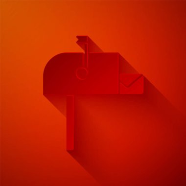 Kağıt kesiği Açık posta kutusu simgesi kırmızı arkaplanda izole edildi. Posta kutusu simgesi. Posta kutusunda bayrak var. Kağıt sanatı tarzı. Vektör İllüstrasyonu