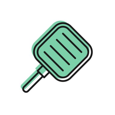 Siyah çizgi kızartma tavası simgesi beyaz arkaplanda izole edildi. Kızartma veya kızartma gıda sembolü. Vektör İllüstrasyonu