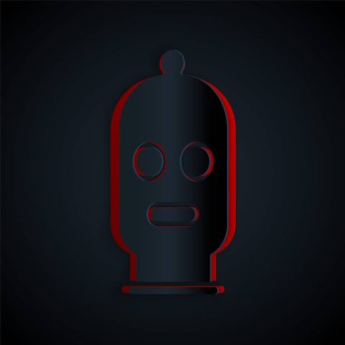 Kağıt kesiği kar maskesi simgesi siyah arkaplanda izole edilmiş. Kış sporları için bir parça kıyafet ya da bir suçlu ya da hırsız için bir maske. Kağıt sanatı tarzı. Vektör İllüstrasyonu