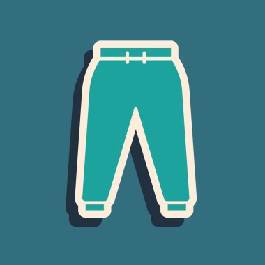 Mavi arka planda yeşil spor pantolon simgesi izole edildi. Uzun gölge tarzı. Vektör İllüstrasyonu