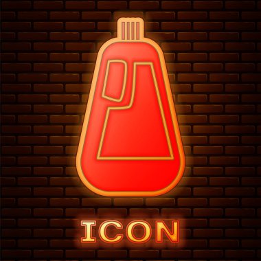 Parlayan neon plastik şişe, sıvı çamaşır deterjanı, çamaşır suyu, bulaşık deterjanı tuğla duvar arkasında izole edilmiş sıvı ikon. Vektör İllüstrasyonu