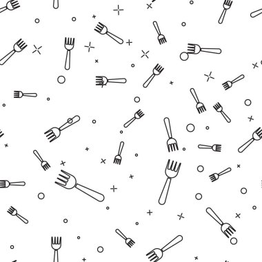 Siyah çizgi tek kullanımlık plastik çatal simgesi beyaz arka planda izole edilmiş. Vektör İllüstrasyonu