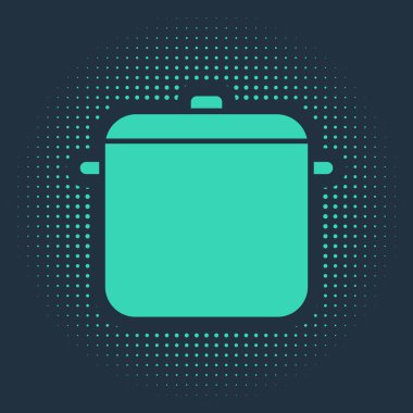 Mavi arka planda yeşil tencere simgesi izole edildi. Haşlama ya da güveç besin sembolü. Soyut çember rastgele noktalar. Vektör İllüstrasyonu