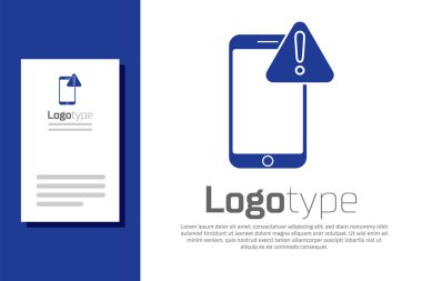 Beyaz zemin üzerinde ünlem işareti simgesi olan mavi cep telefonu. Uyarı mesajı akıllı telefon uyarısı. Logo tasarım şablonu elemanı. Vektör İllüstrasyonu