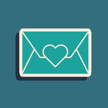 Mavi arka planda Sevgililer Günü kalp ikonu olan yeşil zarf. Mesaj aşkım. Aşk ve romantizm mektubu. Uzun gölge tarzı. Vektör İllüstrasyonu