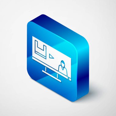 Isometric Stop plastik kirliliği simgesi beyaz arkaplanda izole edildi. Ekolojik poster. Mavi kare düğme. Vektör İllüstrasyonu