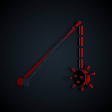 Kağıt kesiği, siyah arka planda izole edilmiş Ortaçağ zincirli topuz ikonu. Ortaçağ silahı. Kağıt sanatı tarzı. Vektör İllüstrasyonu