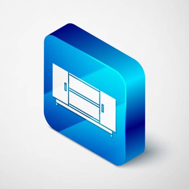 Isometric Tv masa başı simgesi beyaz arkaplanda izole edildi. Mavi kare düğme. Vektör İllüstrasyonu