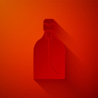 Kağıt kesiği, kırmızı arkaplanda izole edilmiş sıvı antibakteriyel sabun. Dezenfeksiyon, hijyen, cilt bakımı. Kağıt sanatı tarzı. Vektör İllüstrasyonu