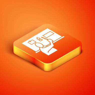 Isometric Stop plastik kirliliği ikonu turuncu arka planda izole edildi. Ekolojik poster. Vektör İllüstrasyonu